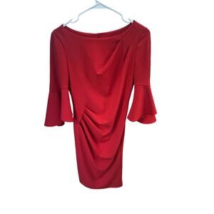Joseph Ribkoff Red Crepe Ruched Boatneck Midi Dress – 3/4 Bell Sleeves
